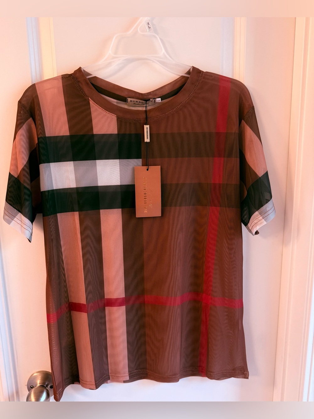 Burberry Brown Plaid Short Sleeve Tee with Red and Black Accents